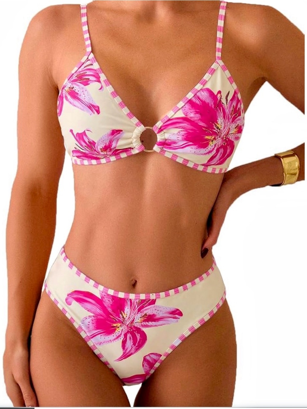 Women’s Pink Floral Ring-Front Bikini Set